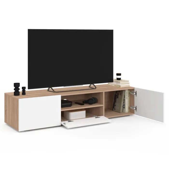 Meuble TV 140 cm bois façon hêtre portes blanches