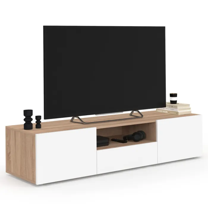 Meuble TV 140 cm bois façon hêtre portes blanches