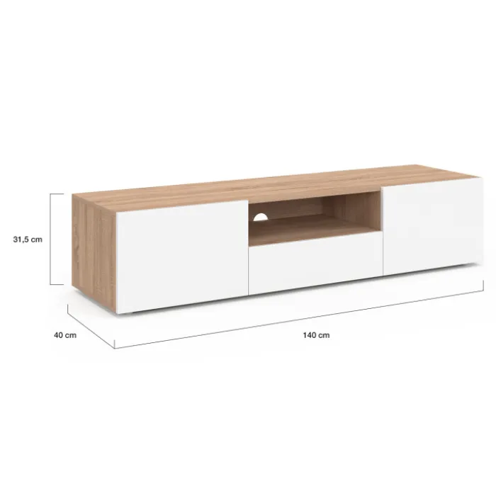 Meuble TV 140 cm bois façon hêtre portes blanches