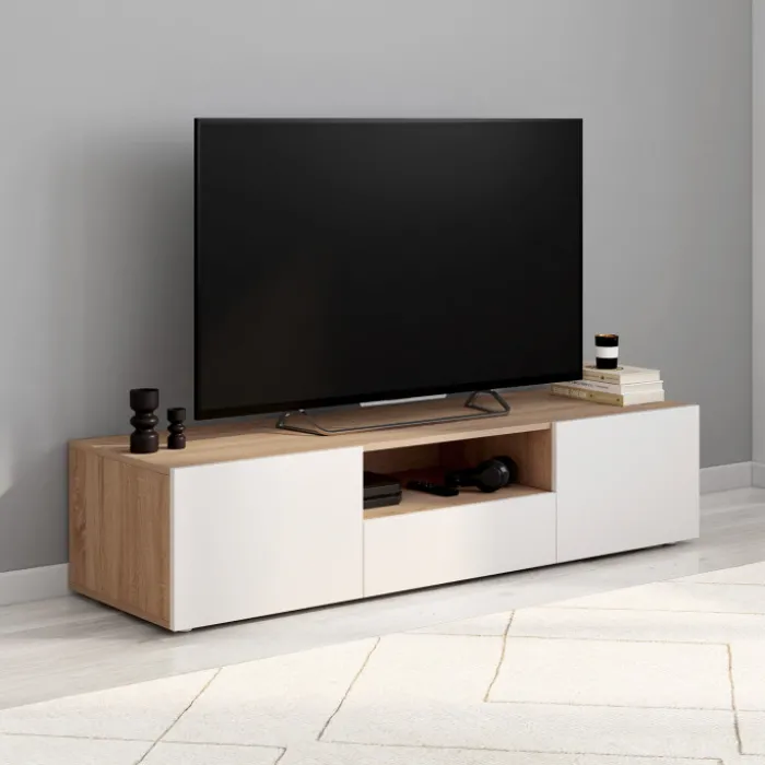 Meuble TV 140 cm bois façon hêtre portes blanches