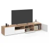 Meuble TV 180 cm bois façon hêtre portes blanches