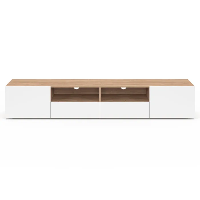Meuble TV 180 cm bois façon hêtre portes blanches
