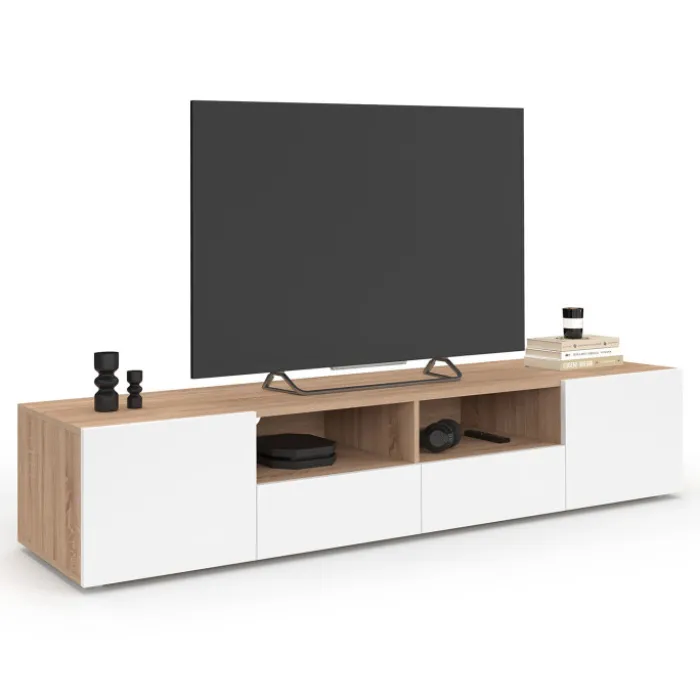 Meuble TV 180 cm bois façon hêtre portes blanches