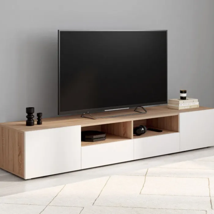 Meuble TV 180 cm bois façon hêtre portes blanches