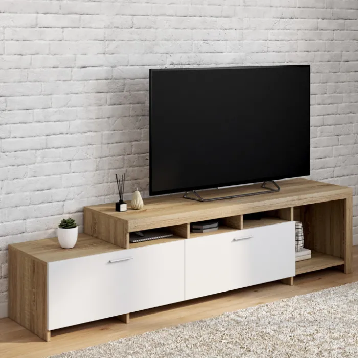Meuble tv 180 cm bois placards blancs