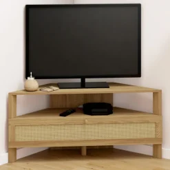 Meuble TV 100 cm d'angle 1 porte effet naturel cannage