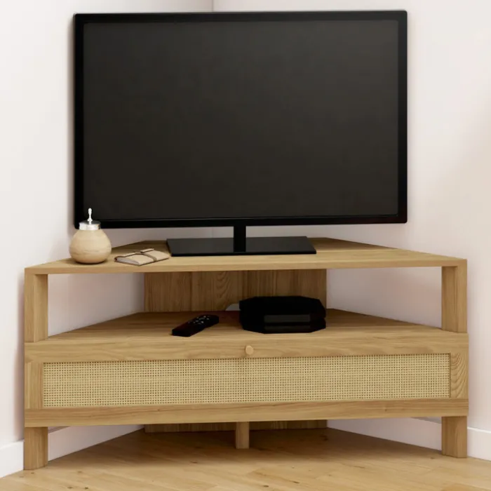 Meuble TV 100 cm d'angle 1 porte effet naturel cannage