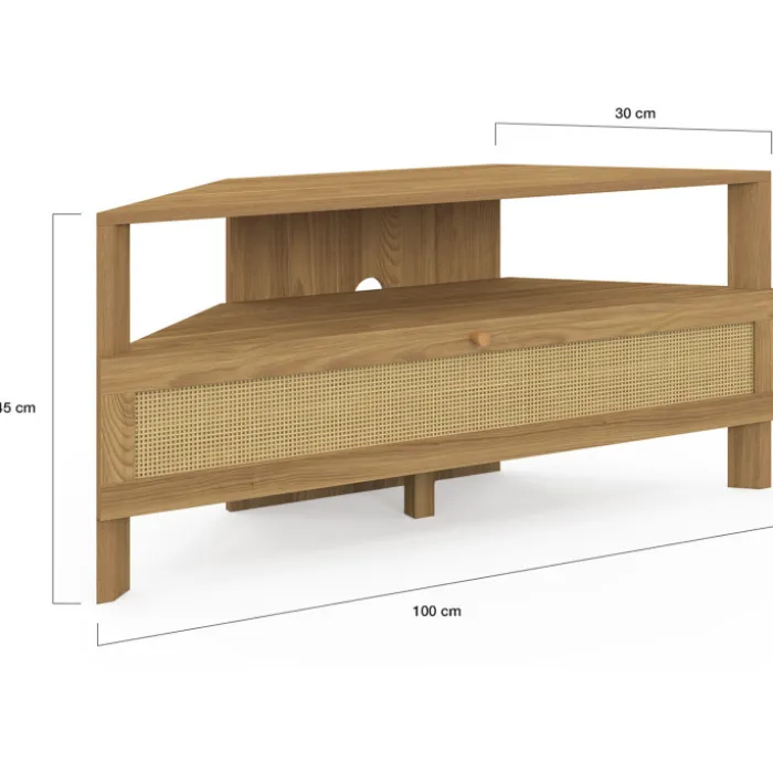 Meuble TV 100 cm d'angle 1 porte effet naturel cannage