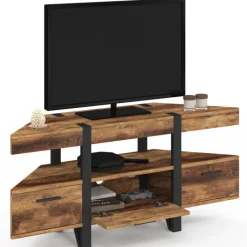 Meuble TV 110 cm d'angle bois pied épingle avec tiroirs
