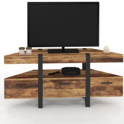 Meuble TV 110 cm d'angle bois pied épingle avec tiroirs