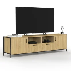 Meuble TV 180 cm design industriel 2 portes 2 tiroirs