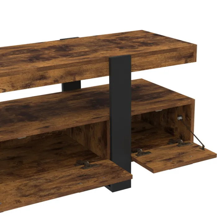 Meuble TV 140 cm noir et bois effet vieilli avec rangement