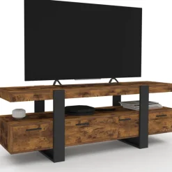 Meuble TV 140 cm noir et bois effet vieilli avec rangement