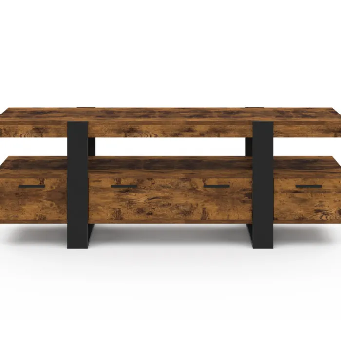 Meuble TV 140 cm noir et bois effet vieilli avec rangement