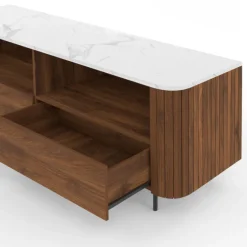 Meuble TV 140 cm noyer effet lattes 2 tiroirs et plateau marbre blanc