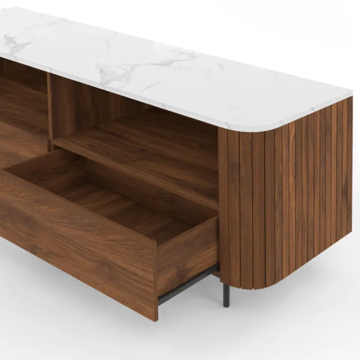 Meuble TV 140 cm noyer effet lattes 2 tiroirs et plateau marbre blanc