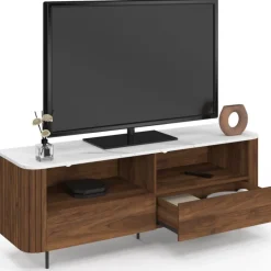 Meuble TV 140 cm noyer effet lattes 2 tiroirs et plateau marbre blanc