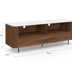 Meuble TV 140 cm noyer effet lattes 2 tiroirs et plateau marbre blanc