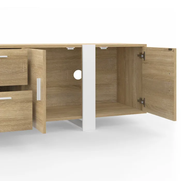 Meuble TV 180 cm PHOENIX 4 portes + 2 tiroirs bois et blanc