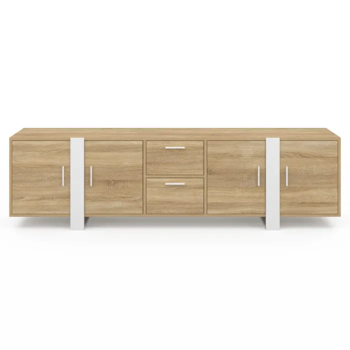 Meuble TV 180 cm PHOENIX 4 portes + 2 tiroirs bois et blanc