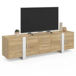 Meuble TV 180 cm PHOENIX 4 portes + 2 tiroirs bois et blanc