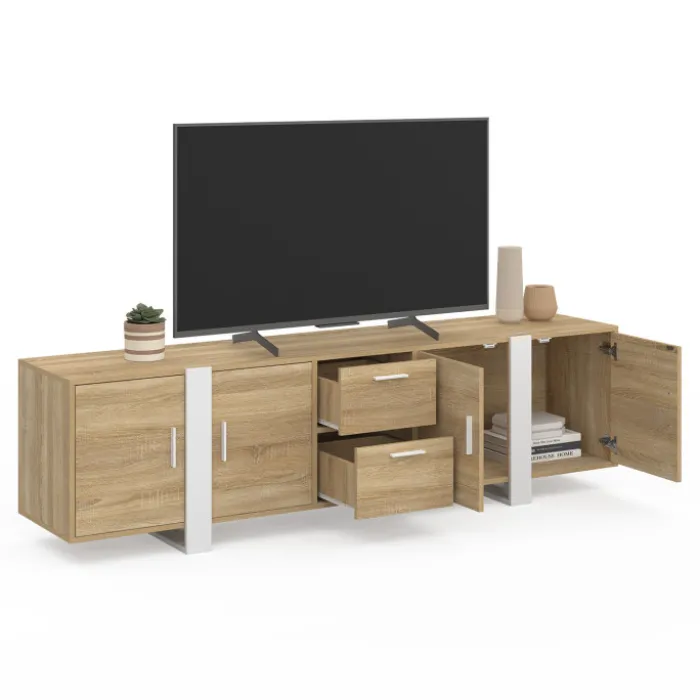 Meuble TV 180 cm PHOENIX 4 portes + 2 tiroirs bois et blanc
