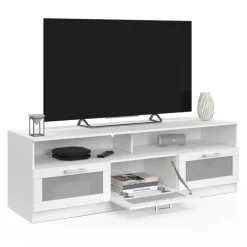 Meuble tv 140 cm portes givrées blanc