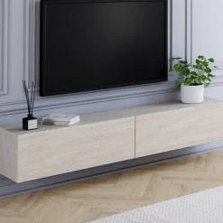 Meuble TV 180 cm suspendu 2 portes bois effet travertin