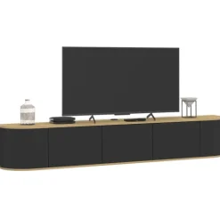 Meuble TV 180 cm suspendu 3 portes bois et noir