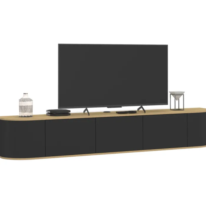 Meuble TV 180 cm suspendu 3 portes bois et noir