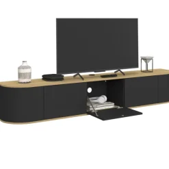 Meuble TV 180 cm suspendu 3 portes bois et noir
