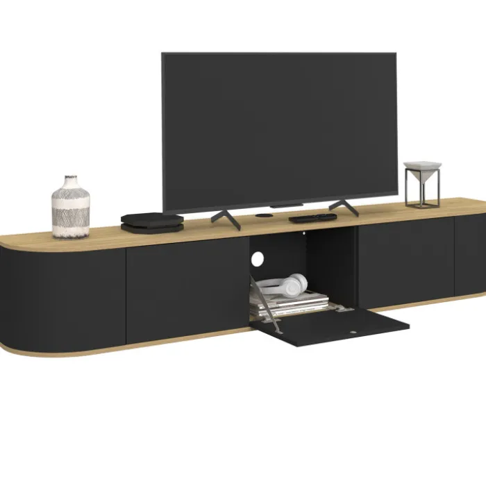 Meuble TV 180 cm suspendu 3 portes bois et noir