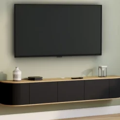 Meuble TV 180 cm suspendu 3 portes bois et noir