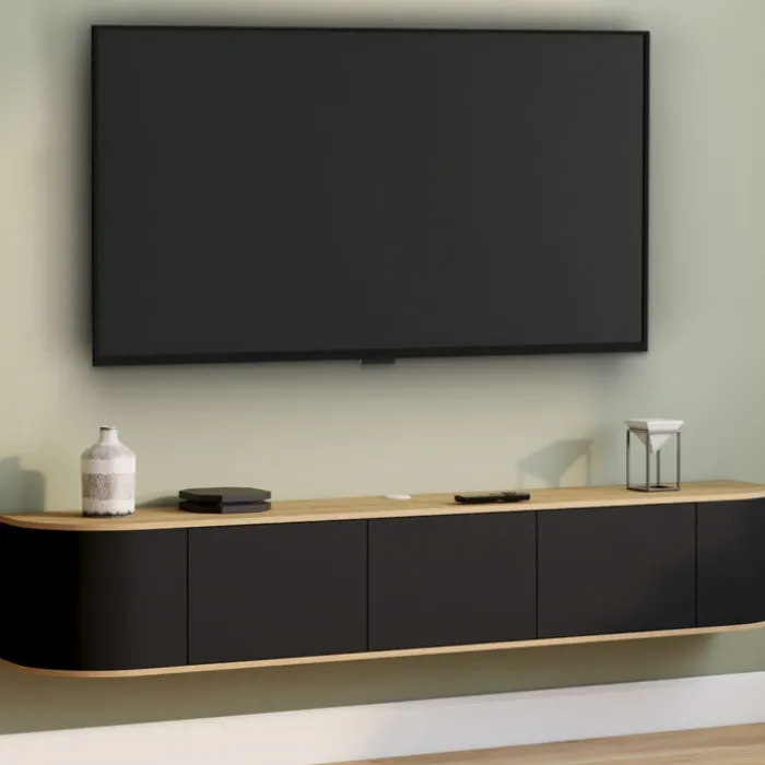 Meuble TV 180 cm suspendu 3 portes bois et noir