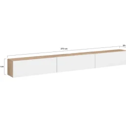 Meuble TV 270 cm suspendu 3 portes bois et blanc