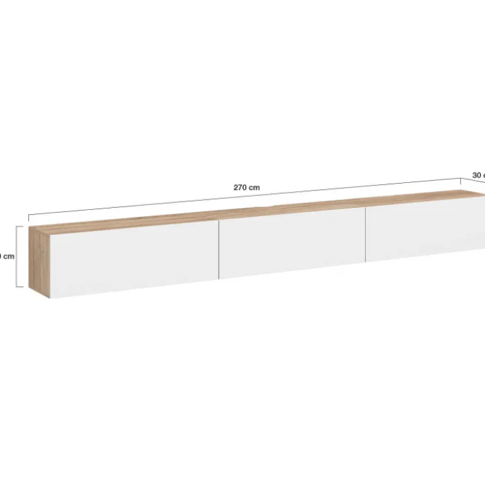 Meuble TV 270 cm suspendu 3 portes bois et blanc