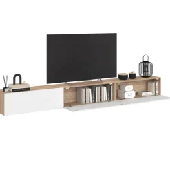 Meuble TV 270 cm suspendu 3 portes bois et blanc