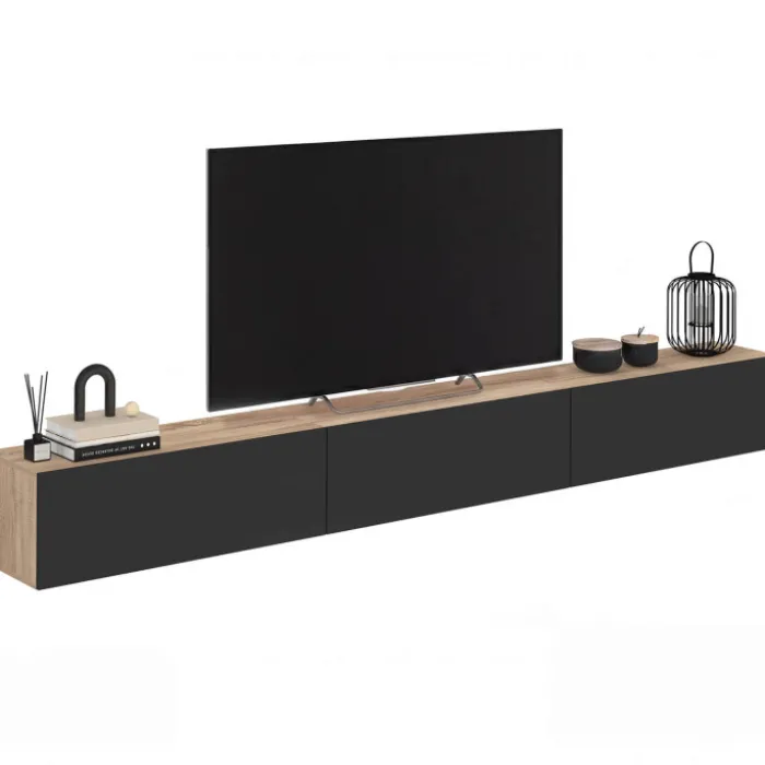 Meuble TV 270 cm suspendu 3 portes bois et noir