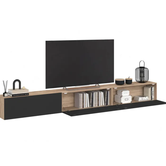 Meuble TV 270 cm suspendu 3 portes bois et noir