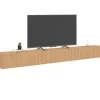 Meuble TV 270 cm suspendu 3 portes lattes tasseau bois coloris chêne