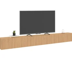 Meuble TV 270 cm suspendu 3 portes lattes tasseau bois coloris chêne