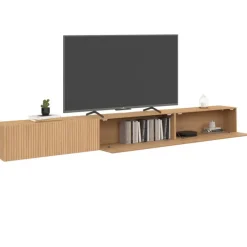 Meuble TV 270 cm suspendu 3 portes lattes tasseau bois coloris chêne