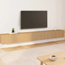 Meuble TV 270 cm suspendu 3 portes lattes tasseau bois coloris chêne
