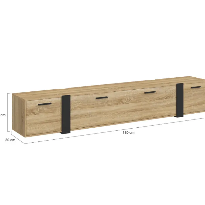 Meuble TV 180 cm suspendu 3 portes design industriel