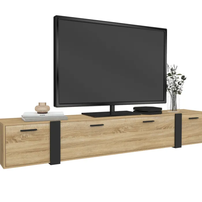 Meuble TV 180 cm suspendu 3 portes design industriel