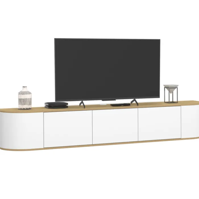 Meuble TV 180 cm suspendu 3 portes bois et blanc