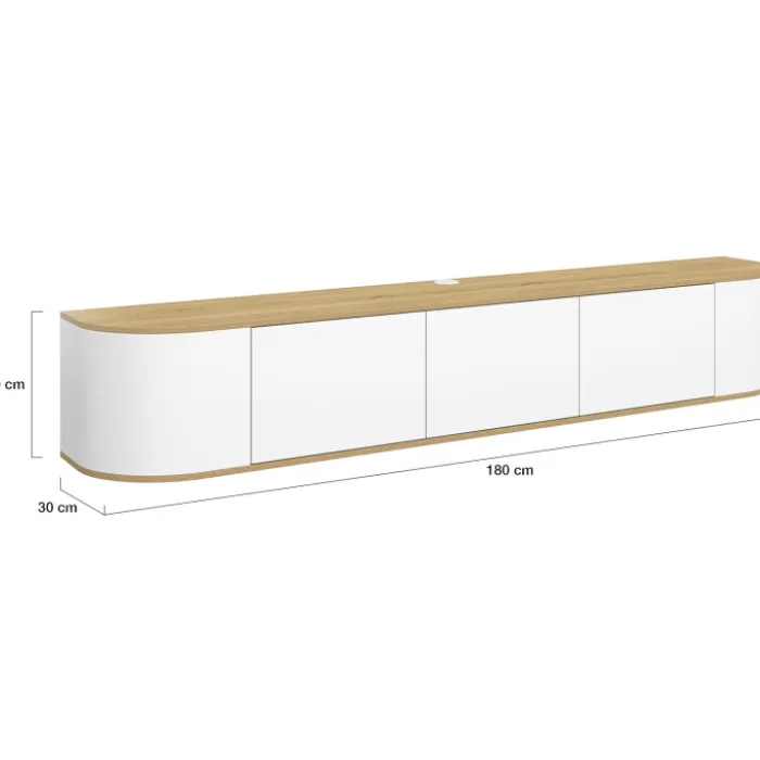 Meuble TV 180 cm suspendu 3 portes bois et blanc