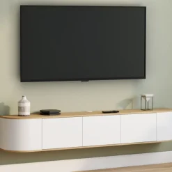 Meuble TV 180 cm suspendu 3 portes bois et blanc