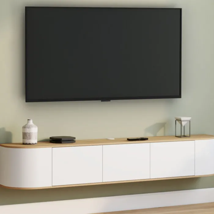Meuble TV 180 cm suspendu 3 portes bois et blanc