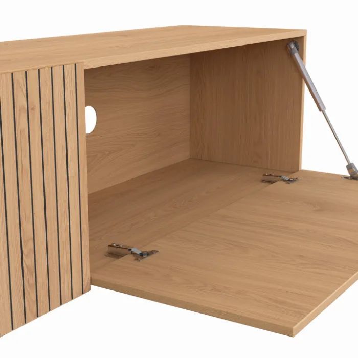 Meuble TV 140 cm suspendu 2 portes lattes tasseau bois coloris chêne
